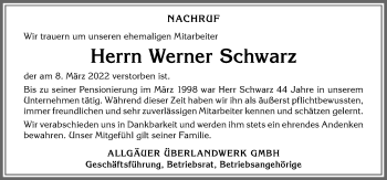 Traueranzeige von Werner Schwarz von Allgäuer Zeitung,Kempten