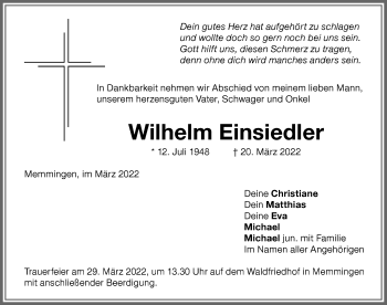 Traueranzeige von Wilhelm Einsiedler von Memminger Zeitung