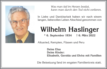 Traueranzeige von Wilhelm Haslinger von Allgäuer Zeitung,Kempten