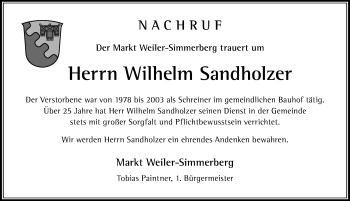 Traueranzeige von Wilhelm Sandholzer von Der Westallgäuer