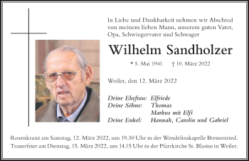 Traueranzeige von Wilhelm Sandholzer von Der Westallgäuer
