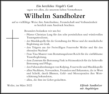 Traueranzeige von Wilhelm Sandholzer von Der Westallgäuer