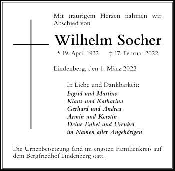 Traueranzeige von Wilhelm Socher von Der Westallgäuer