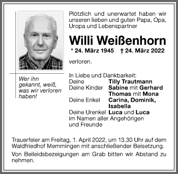 Traueranzeige von Willi Weißenhorn von Memminger Zeitung