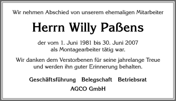 Traueranzeige von Willy  Paßens von Allgäuer Zeitung, Marktoberdorf