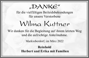 Traueranzeige von Wilma Kuttner von Allgäuer Zeitung, Marktoberdorf