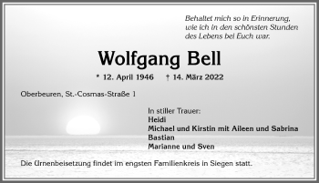Traueranzeige von Wolfgang Bell von Allgäuer Zeitung, Kaufbeuren/Buchloe