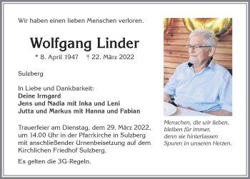 Traueranzeige von Wolfgang Linder von Allgäuer Zeitung,Kempten