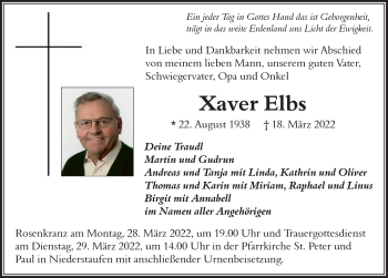 Traueranzeige von Xaver Elbs von Der Westallgäuer
