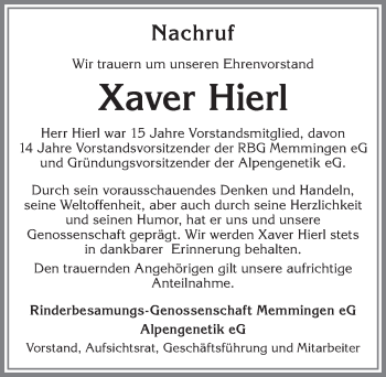 Traueranzeige von Xaver Hierl von Allgäuer Anzeigeblatt