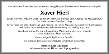 Traueranzeige von Xaver Hierl von Allgäuer Anzeigeblatt