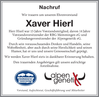Traueranzeige von Xaver Hierl von Allgäuer Zeitung, Marktoberdorf