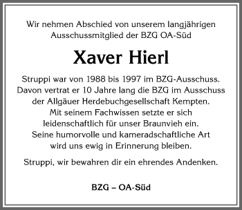 Traueranzeige von Xaver Hierl von Allgäuer Anzeigeblatt