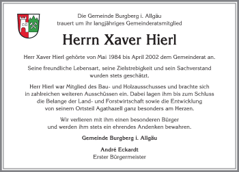 Traueranzeige von Xaver Hierl von Allgäuer Anzeigeblatt
