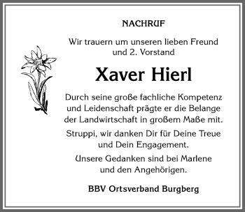 Traueranzeige von Xaver Hierl von Allgäuer Anzeigeblatt