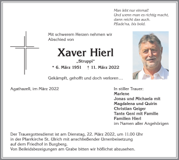 Traueranzeige von Xaver Hierl von Allgäuer Anzeigeblatt