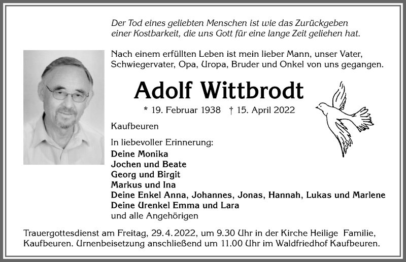  Traueranzeige für Adolf Wittbrodt vom 27.04.2022 aus Allgäuer Zeitung, Kaufbeuren/Buchloe