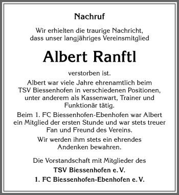 Traueranzeige von Albert Ranftl von Allgäuer Zeitung, Marktoberdorf