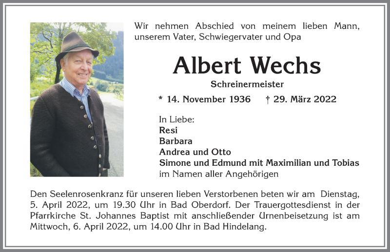  Traueranzeige für Albert Wechs vom 02.04.2022 aus Allgäuer Zeitung,Kempten
