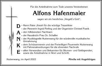 Traueranzeige von Alfons Hafenmaier von Allgäuer Zeitung, Marktoberdorf