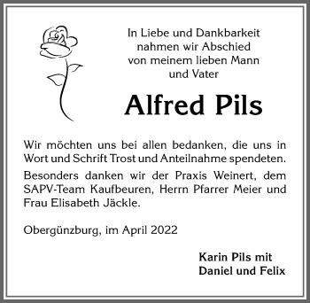 Traueranzeige von Alfred Pils von Allgäuer Zeitung, Marktoberdorf