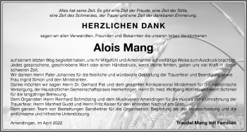 Traueranzeige von Alois Mang von Memminger Zeitung
