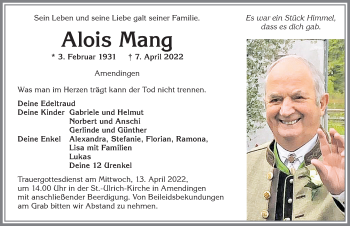 Traueranzeige von Alois Mang von Memminger Zeitung