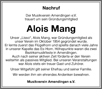 Traueranzeige von Alois Mang von Memminger Zeitung
