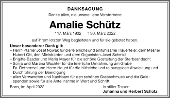 Traueranzeige von Amalie Schütz von Memminger Zeitung