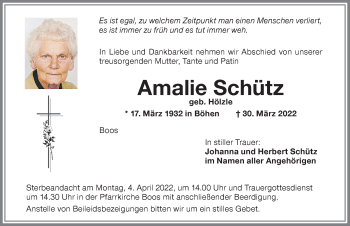 Traueranzeige von Amalie Schütz von Memminger Zeitung