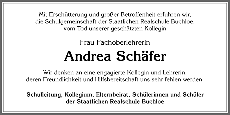  Traueranzeige für Andrea Schäfer vom 30.04.2022 aus Allgäuer Zeitung, Kaufbeuren/Buchloe