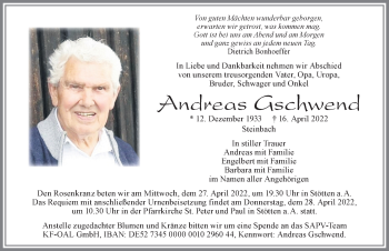 Traueranzeige von Andreas Gschwend von Allgäuer Zeitung, Marktoberdorf