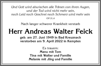 Traueranzeige von Andreas Walter Feick von Allgäuer Zeitung,Kempten