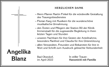 Traueranzeige von Angelika Blanz von Allgäuer Anzeigeblatt