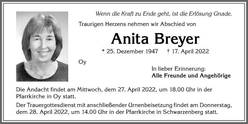  Traueranzeige für Anita Breyer vom 23.04.2022 aus Allgäuer Zeitung,Kempten