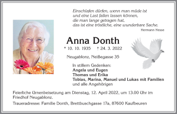 Traueranzeige von Anna Donth von Allgäuer Zeitung, Kaufbeuren/Buchloe
