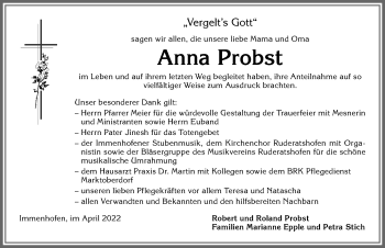 Traueranzeige von Anna Probst von Allgäuer Zeitung, Marktoberdorf