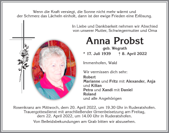 Traueranzeige von Anna Probst von Allgäuer Zeitung, Marktoberdorf