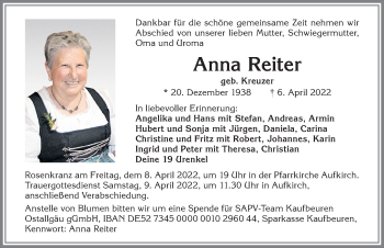 Traueranzeige von Anna Reiter von Allgäuer Zeitung, Kaufbeuren/Buchloe