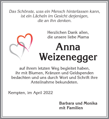 Traueranzeige von Anna Weizenegger von Allgäuer Zeitung,Kempten