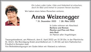 Traueranzeige von Anna Weizenegger von Allgäuer Zeitung,Kempten