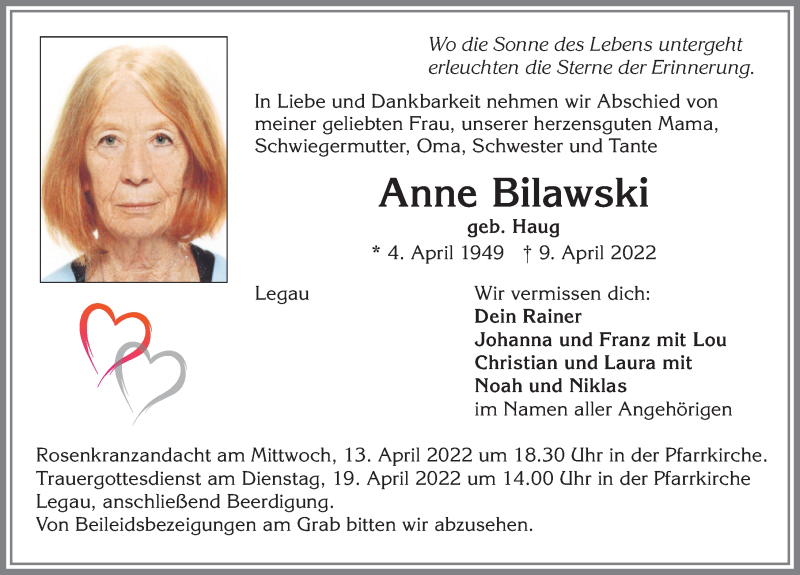 Traueranzeige für Anne Bilawski vom 12.04.2022 aus Memminger Zeitung