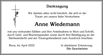 Traueranzeige von Anne Wiedemann von Memminger Zeitung