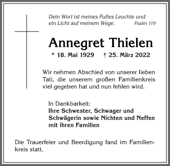 Traueranzeige von Annegret Thielen von Allgäuer Anzeigeblatt