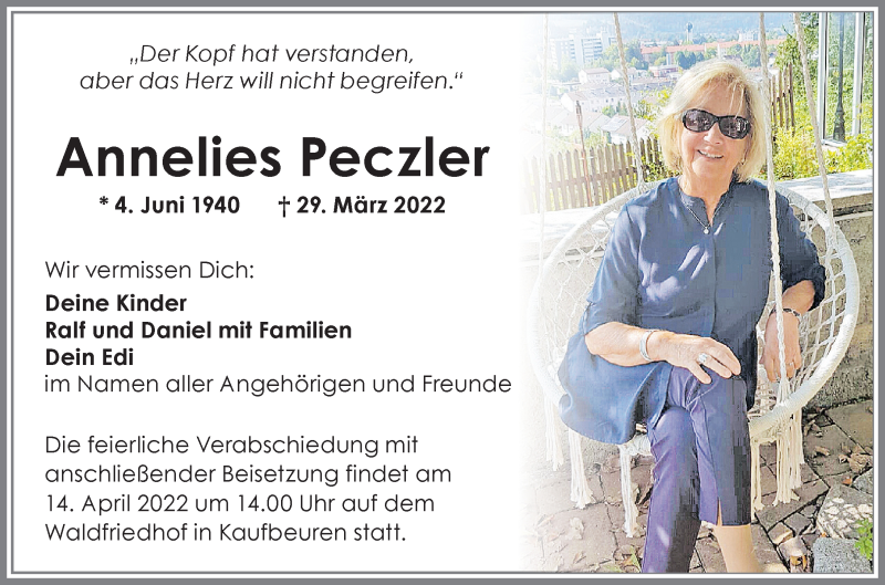  Traueranzeige für Annelies Peczler vom 11.04.2022 aus Allgäuer Zeitung, Kaufbeuren/Buchloe