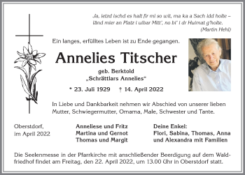 Traueranzeige von Annelies Titscher von Allgäuer Anzeigeblatt