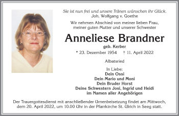 Traueranzeige von Anneliese Brandner von Allgäuer Zeitung, Füssen