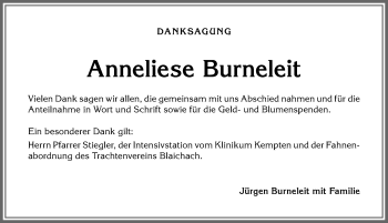 Traueranzeige von Anneliese Burneleit von Allgäuer Anzeigeblatt