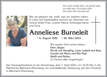 Traueranzeige von Anneliese Burneleit von Allgäuer Anzeigeblatt