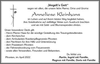 Traueranzeige von Anneliese Kleinhans von Allgäuer Zeitung, Füssen